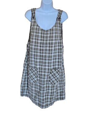 Button-Front Plaid Linen-Cotton Jumper Dress Pockets cottagecore boho vintage